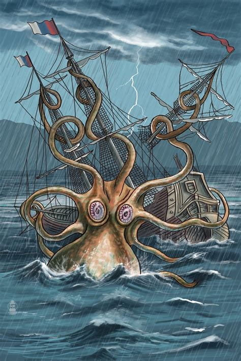 Kraken Attacking Ship (12x18 Wall Art Poster, Room Decor) - Walmart.com