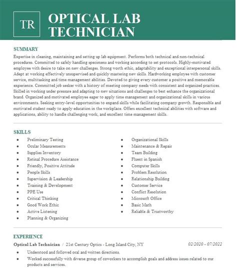 Optical Lab Technician Resume Example