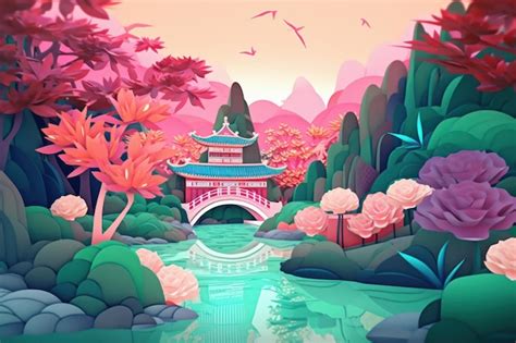 Premium AI Image | A cartoon scene of a bridge in a forest with a ...