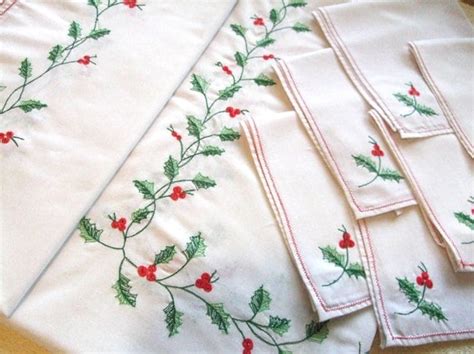 Large Christmas Tablecloth with 6 Matching Napkins Embroidered