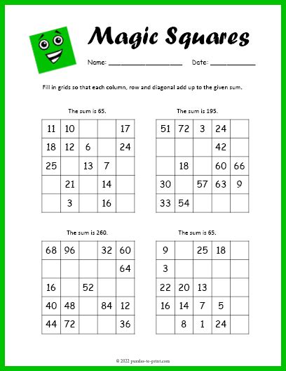 Advanced Magic Square Worksheet