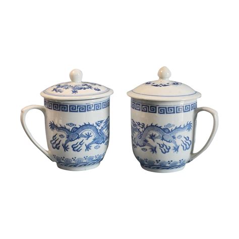 Covered Blue and White Tea Cups - A Pair | Chairish