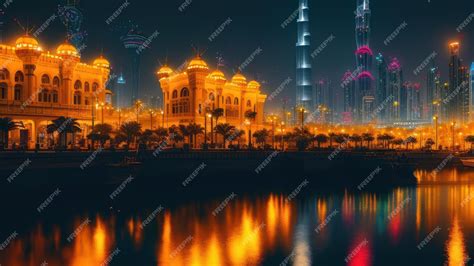 Premium AI Image | A city at night with a lit up burj khalifa in the ...