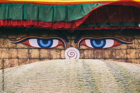 Buddha eyes (Wisdom eyes) on Nepali buddhism temple. Swayambhunath ...