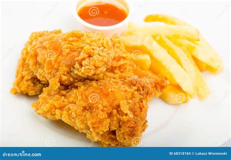 Chicken with Fries and Sauce Stock Photo - Image of potato, poultry ...