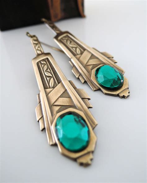 Vintage Jewelry Art Deco Drop Earrings Emerald Green Earrings Wedding Earrings Brass Earrings ...