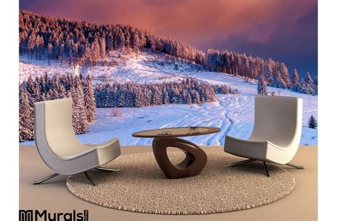 Winter Scene Colorful Sunset Over Snow Covered Trees Idyllic Mountain Landscape Wall Mural