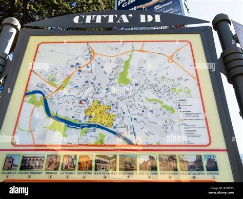 PAVIA, ITALY - FEBRUARY 22, 2019: outdoor city map with pictures of ...