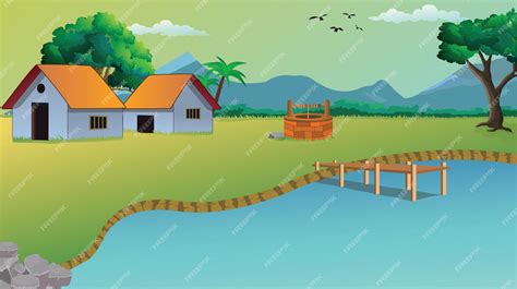 Premium Vector | Village cartoon background illustration with cow, cottage, lake, trees, and ...