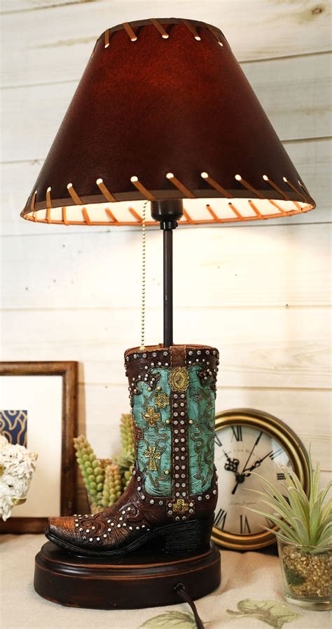 Western Tooled Turquoise Cowboy Boot Hand Painted Desktop Table Lamp W ...