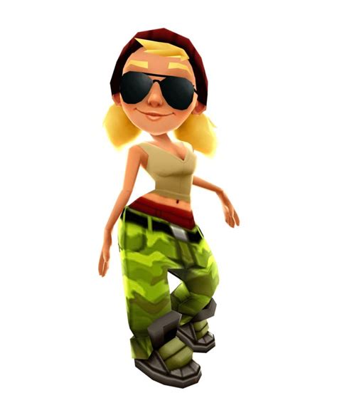 a cartoon girl with sunglasses on top of her head and green pants, standing in the air