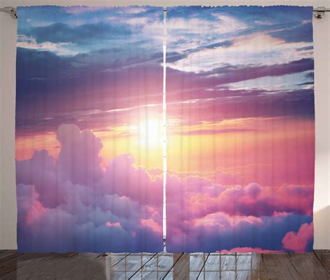 Sun Curtains 2 Panels Set, Surreal Sky with Fluffy Clouds Dreamy Horizon Tranquility Panorama ...