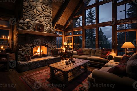 A cozy living room with fireplace on the background of a mountain ...