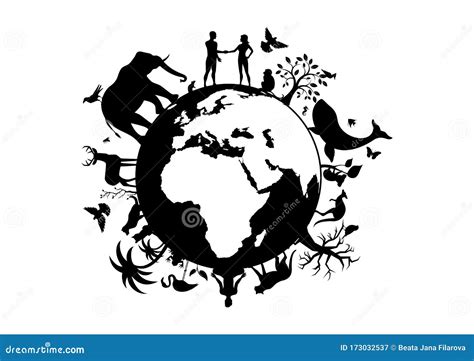 Planet Earth with Animals and Humans Black Silhouette Vector Stock ...