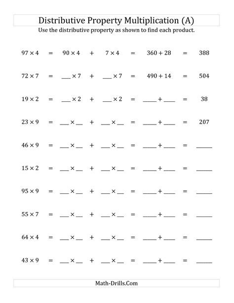 The Multiply 2-Digit by 1-Digit Numbers Using the Distributive Property (All) math worksheet ...