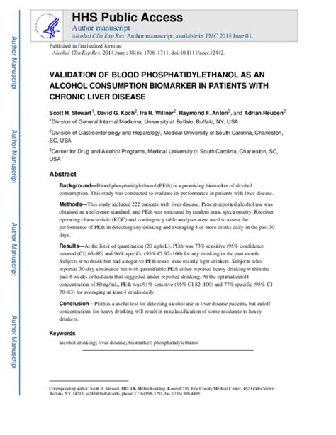 (PDF) Preliminary Evaluation of Phosphatidylethanol and Alcohol Consumption in Patients with ...