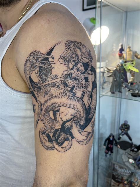 Saint George killing the Dragon, burnedbook in Belgrade Serbia : r/tattoos