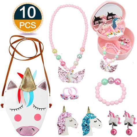 PU Leather Unicorn Crossbody Bag Hair Clips & Jewelry Box Gift Sets for Girls Bracelet Earring ...