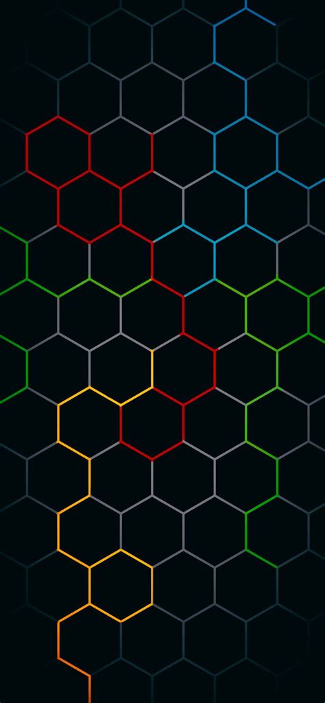 an abstract background consisting of hexagons and lines in red, green, blue, yellow, and orange