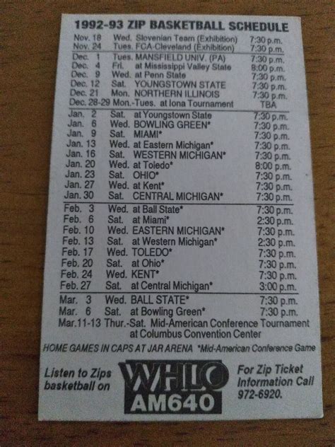 1992 1993 Akron University Zip Basketball College Pocket Team Schedule ...