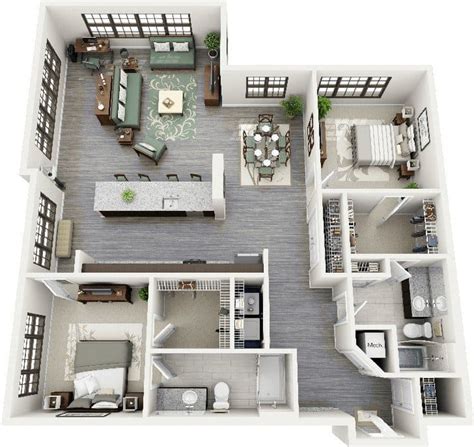 19 Awesome 3D Apartment Plans With Two Bedrooms - Part 1