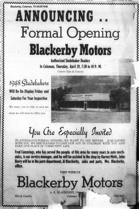 Studebaker History Listing - (Blackerby Motors, Coleman TX 1948 )