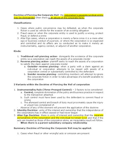 Piercing the Corporate Veil Cases - Doctrine of Piercing the Corporate ...