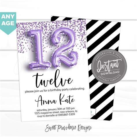 Paper 12th Birthday Invitation INSTANT DOWNLOAD twelth birthday invite, Invitations ...