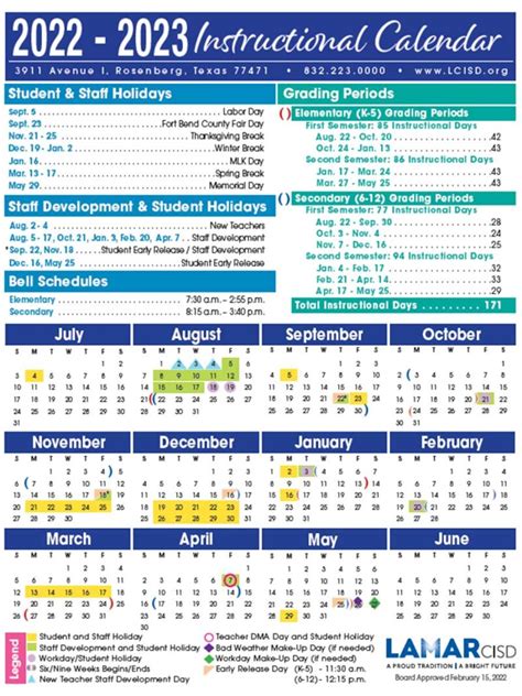 Lamar CISD- 2022-2023 School Calendar – Canyon Gate at the Brazos