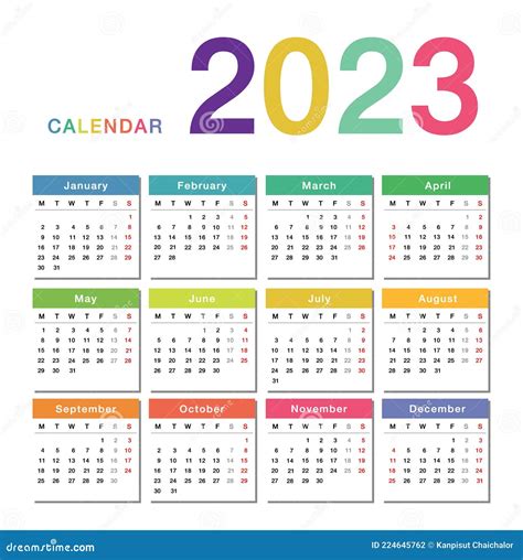 Colorful Year 2023 Calendar Horizontal Vector Design Template, Simple ...