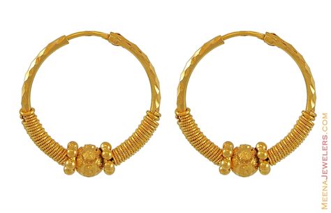 Indian Hoop Earrings (22K Gold) - ErHp6428 - 22Kt Gold Indian Hoop Earrings / Bali with diamond ...