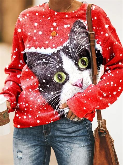 Christmas Cat Women Sweatshirt | Round neck sweatshirts, Sweatshirts women, Long sleeve sweatshirts