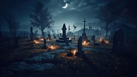 Creepy Graveyard Scene With Lights On And Graves Background, 3d Rendering Halloween Background ...