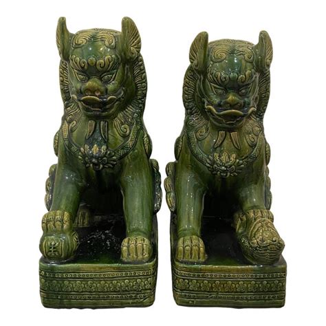 Green Foo Dog Statues | Chairish