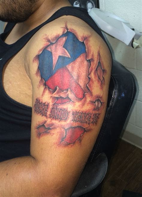 Torn flesh with Texas flag and Come and take it. Tattoo done by Ricky ...