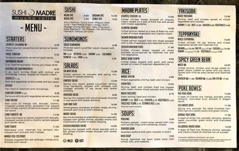 Menu at Sushi Madre restaurant, Laredo, McPherson Rd