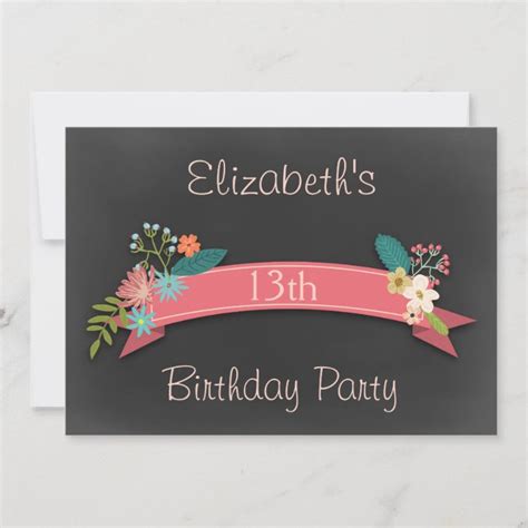 13th Birthday Pink Banner Flowers Chalkboard Invitation | Zazzle.com