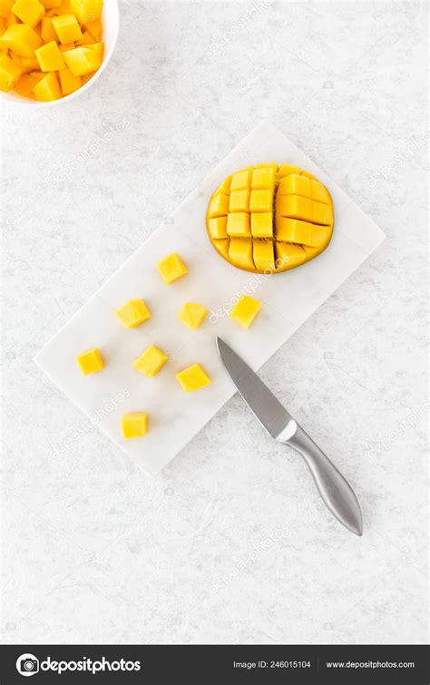 Mango Cubes Cut Mango Half White Marble Chopping Board White Stock ...