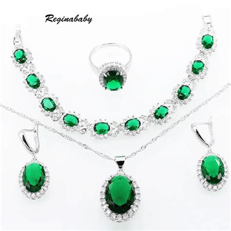 Gallant Green created Emerald Jewelry Sets For Women Silver color Crystal Bridal Necklace ...