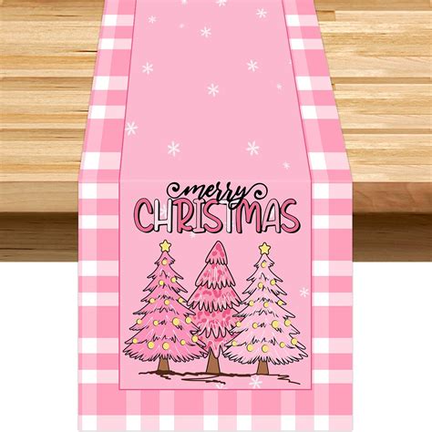 Pink Christmas Table Runner Merry Christmas Tree Pink Plaid Long Runners Holiday Kitchen Dining ...