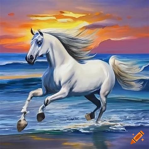 Oil painting of a white horse galloping on the beach at sunset on Craiyon