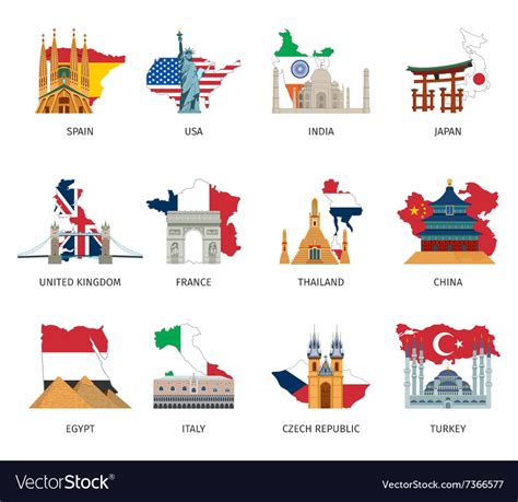 Countries flags landmarks flat icons set Vector Image