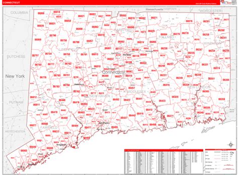 Connecticut Zip Code Wall Map Red Line Style by MarketMAPS - MapSales