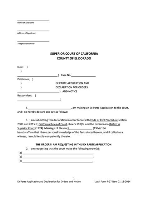 Superior Court Of California County Of El Dorado Ex Parte Application printable pdf download