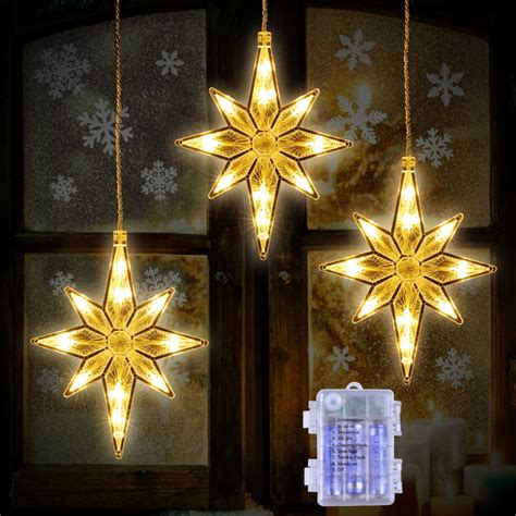 3Pack Christmas Star Window Lights,Quntis Battery Operated 30LED Bethlehem Window Curtain Lights ...