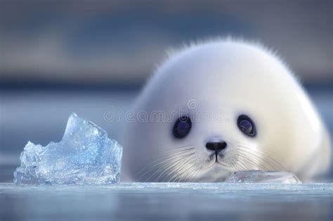 Cute White Baby Harp Seal Pup Laying on the Blue Ice by the Water ...