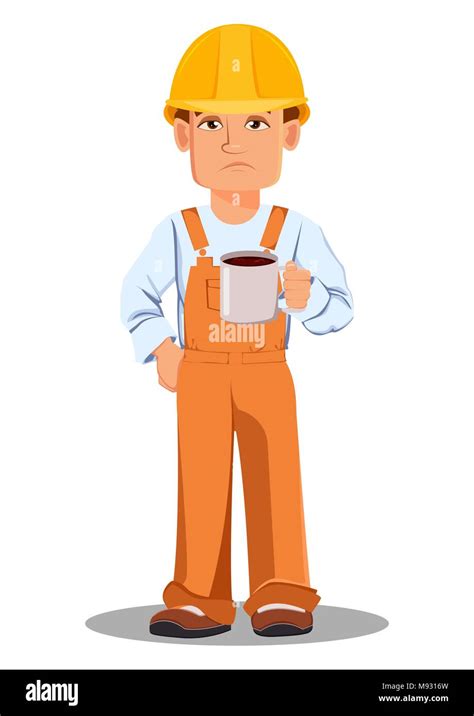 Handsome builder in uniform, cartoon character. Professional construction worker. Tired ...