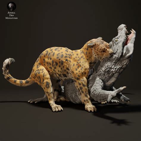 3D Printable Jaguar Hunting Black Caiman by Animal Den Miniatures