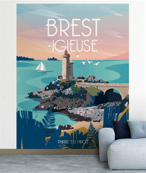 Papier Peint Panoramique moderne - Phare du Minou Brest - La Loutre Format 200 x 260 cm - 4 lés
