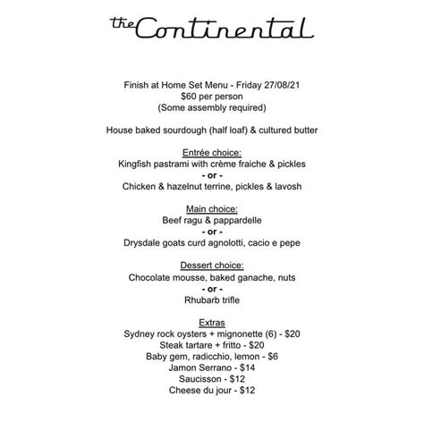 Menu at The Continental restaurant, Geelong